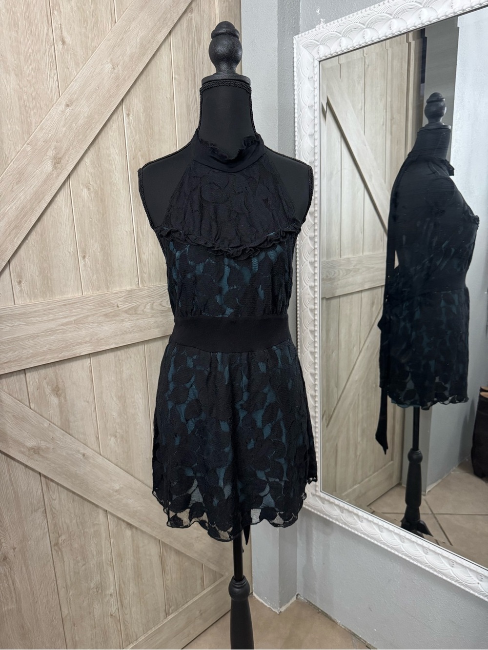 Charlotte Russe Black Lace Halter Tunic Top with Teal Lining